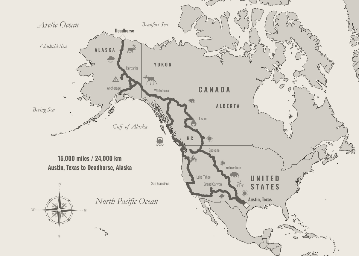 Route map: Austin, Texas to Deadhorse, Alaska and back — 15,000 miles